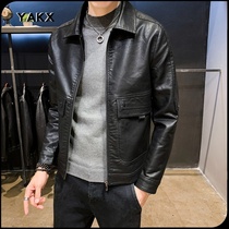 YAKX coat mens spring and autumn Korean trend Slim Plus velvet casual black locomotive jacket autumn