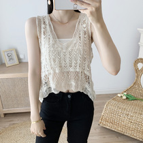 Lace knit small waistcoat Waistcoat Female Short V collar Hook Flower Hollowed-out External Wearing Cotton Thread Hood loose sleeveless jacket