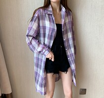 夏装长袖薄款中长款上衣大码女宽松孕妇格子衬衫防晒衣外套网红潮
