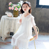 Girls  pajamas Summer Childrens thin short-sleeved lace Modal night dress Little girl court style parent-child home clothes