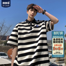 American Trend Strip Short-sleeved Polo Shirt Men Summer Retro T-Shirt Men Tide Loose and Happy Shirts