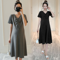Maternity dress Summer dress Western style fashion V-neck over the knee temperament loose maternity dress Summer large size maternity skirt