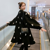 Autumn and winter clothing 200kg loose size thick material crane towel embroidered long pregnant women dress woolen dress dress fashion