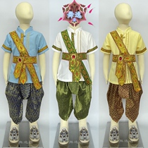 Thai boy clothes green pants small Thai dress exotic folk costumes hero with Myanmar suit Dai ethnic life dress