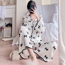 Net red fairy pajamas womens summer ice silk long sleeve simulation silk thin summer home clothes two-piece suit can be worn outside