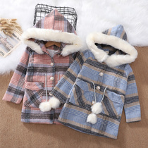 Girls autumn and winter woolen coat 2021 New Korean version of childrens fashion ball plaid woolen coat big children autumn dress