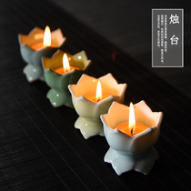 Celadon Buddha front candle candlestick offering supplies Ceramic candlestick ornaments Household candlestick Pair Lotus candlestick lamp holder