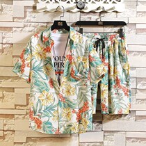 Hong Kong Tide Brand Summer Ice Silk Short Sleeve Set Mens Trend Large Size Two Piece Casual Beach Couple Flower Shirt