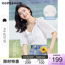 Red Sleeve Bubble Cuff knitted Shirt Summer 2022 new womens clothing web yarn splicing square collar sweet and white short sleeve blouse