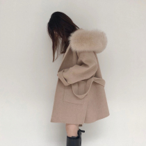 2021 autumn and winter New hooded double-sided cashmere coat fox fur collar lace loose small hairy coat women