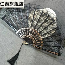 Dream lace folding fan European sweet feather fan relief black lace fan cheongsam craft fan lace fan Daily