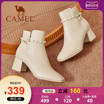 Camel women shoes 2021 Winter new leather Pearl thick heeled stretch boots womens short boots 14075639