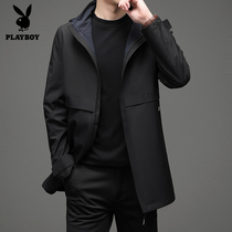 Playboy mens windbreaker long spring and autumn thin business leisure middle-aged dad autumn hooded jacket
