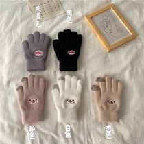 Motorcycle gloves winter cute smiling face warm plus velvet thickened female winter touch screen students finger cartoon embroidery