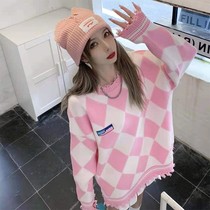 Autumn and winter lazy stars with the same three-color diamond grid pullover sweater design sense loose round neck bottoming sweater