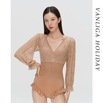 Vanliga light familiar wind fairy long sleeve one-piece swimsuit female steel support gathered to cover belly slim conservative hot spring vacation