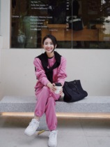 langstudio2022 spring advanced senses pop color casual sports suit wearing a hitch pink sweatshirt