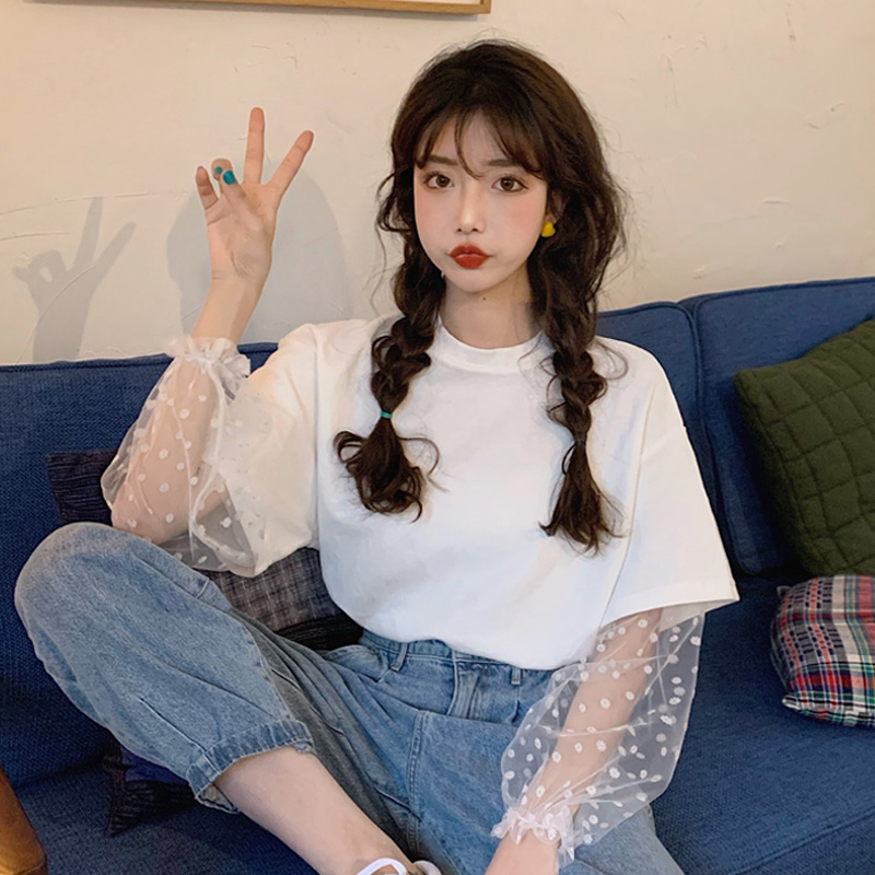 2021 Summer new small fresh sweet design feel round collar top super fairy mesh yarn stitched short-sleeved T-shirt womens wear