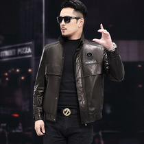 2021 autumn and winter leather mens goat leather jacket stand lapel short slim plant tanning plus velvet Haining machine suit