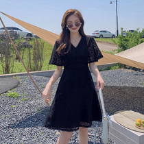 Blue Language Big Code Woman Dress Fat Sister Mm Lace Hollowed-out V Neckline Dress 2022 Summer New High Waist Little Black Dress