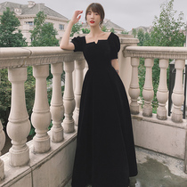 Evening dress women 2021 new high-end banquet velvet dress temperament can usually be worn long black thin summer