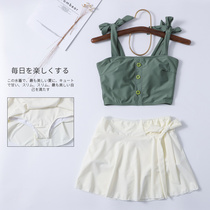 Japanese girl swimsuit green small chest gathered split skirt retro belly cover conservative hot spring soft girl swimsuit