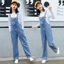 New spring and autumn 2021 girls denim strap pants in big children straight tube loose trousers subnet red ocean air Sling
