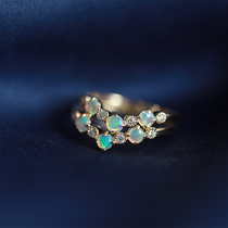 18k gold natural opal ring diamond inlaid guard ring stacking all-match yellow gold round retro lace design