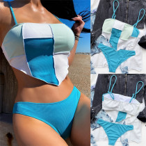 Europe and the United States small pit strip color puzzle sexy belly pocket new bikini hot spring split swimsuit beach double shoulder strap swimsuit woman