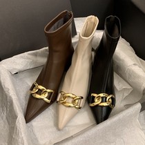 ITSK Brown pointed short boots female 2021 spring and autumn single boots retro soft leather high heel thick heel thick elastic thin boots