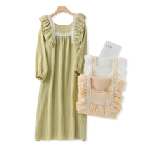 Style Princess Sleep Skirt Woman Spring Washed Pure Cotton Yarn Long Sleeve Lace Lace Florian Side Collar Single Piece Home Sleep Long Dress