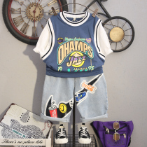 Boys summer clothes 2021 new childrens clothing childrens basketball short-sleeved denim pants two-piece summer foreign style suit tide