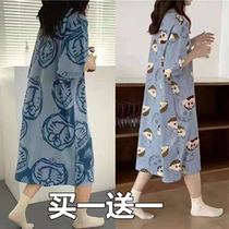 (Buy one send one) Sleeping dress Women Summer short sleeves Loose Big Code Pyjamas Woman Korean version Cartoon pregnant woman Even dress lady