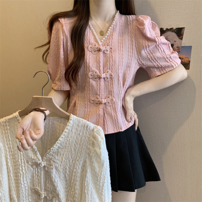 taobao agent Summer short top, plus size, Chinese style, V-neckline, with short sleeve
