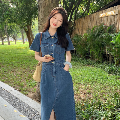 taobao agent Retro denim dress, brace, long skirt, plus size, polo collar, with short sleeve, 2023 collection, A-line