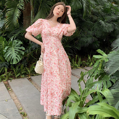 taobao agent Fuchsia summer dress, long skirt, plus size, french style, floral print, fitted
