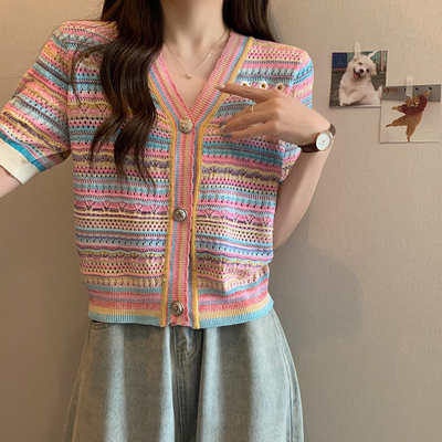 taobao agent Rainbow knitted summer sweater, cardigan, jacket, plus size, with short sleeve