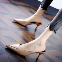 Hong Kong temperament Baotou middle heel tip slippers women leather sandals