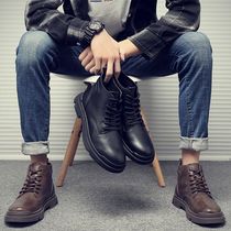 Martin boots mens leather autumn and winter plus velvet British wind all-up casual mens shoes high-top overwear mens boots tide
