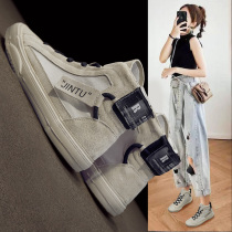 Tide brand leather high-top small white shoes womens shoes 2021 new autumn Joker flat canvas shoes Childrens trendy shoes