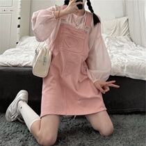 Teenage Girl Powder Sweet and Less Aging Jeans Dress 2022 Spring New Big Code Fat Sister Braces Short Skirt Woman