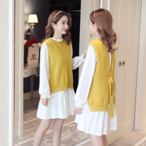 Fashion solid color Korean Autumn New pregnant women set long sleeve shirt sweater vest two-piece pregnant women dress