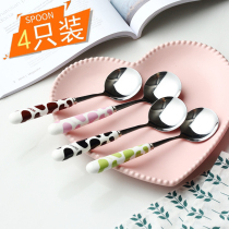 Milk pattern ceramic handle thickened stainless steel creative cute spoon household Korean round spoon spoon coffee dessert spoon