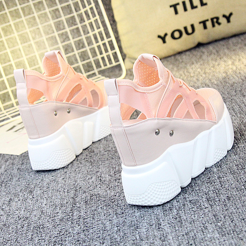 Summer Lyca breathable pink inner-height shoes womens Harajuku hollow slope heel casual shoes thick-soled sneakers small white shoes