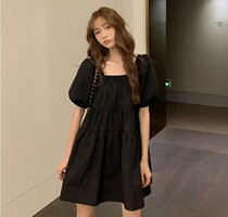 Loose short sleeves thin square collar small black skirt small man French niche dress tide hot mom out pregnant womens clothing