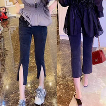 Womens black jeans new 2021 early autumn new high waist thin straight pants elastic split 8-point pants tide