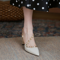 Givenivan put on just love ~ Baotou sandal womens pointy rear air coarse heel summer rivet high heel shoes 4 5cm
