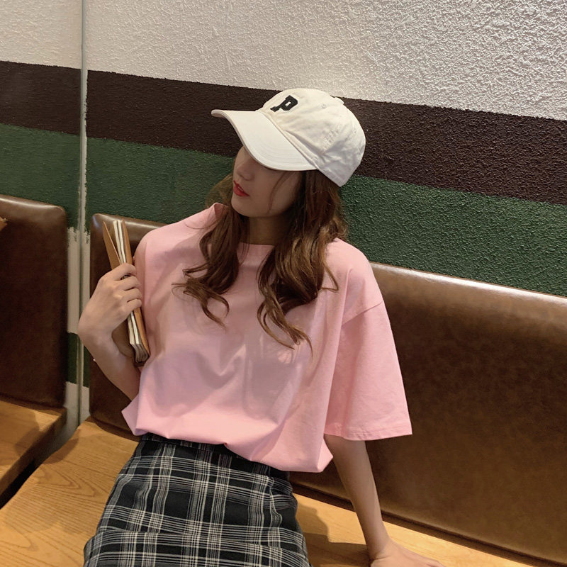 Summer short-sleeved womens 2021 new t-shirt half-sleeve loose-fitting student Korean version of cotton ins trendy pink T-shirt spring dress