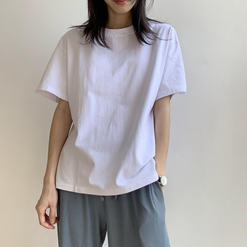White short-sleeved t-shirt female base bottoms with Korean version of the simple round collar cotton 100 students simple top