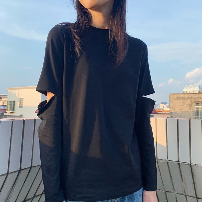 Spring and autumn 2020 new retro port wind black long-sleeved T-shirt female ins loose Harajuku pure cotton hole-breaking top